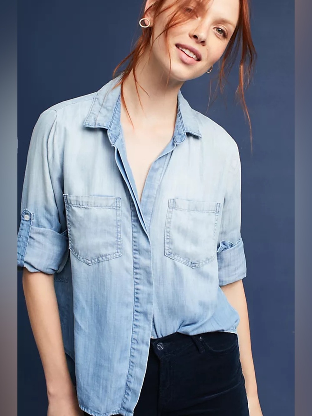 Cloth & Stone Split Back Roll Up Sleeves Button Down Shirt Denim Blue size Small